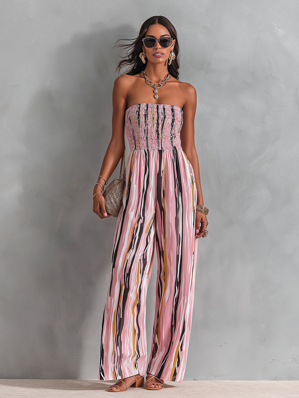 Chic Elegant Pink Stripes Chiffon Shirring Detail Strapless Square-Neck Sleeveless Straight-Leg Jumpsuit