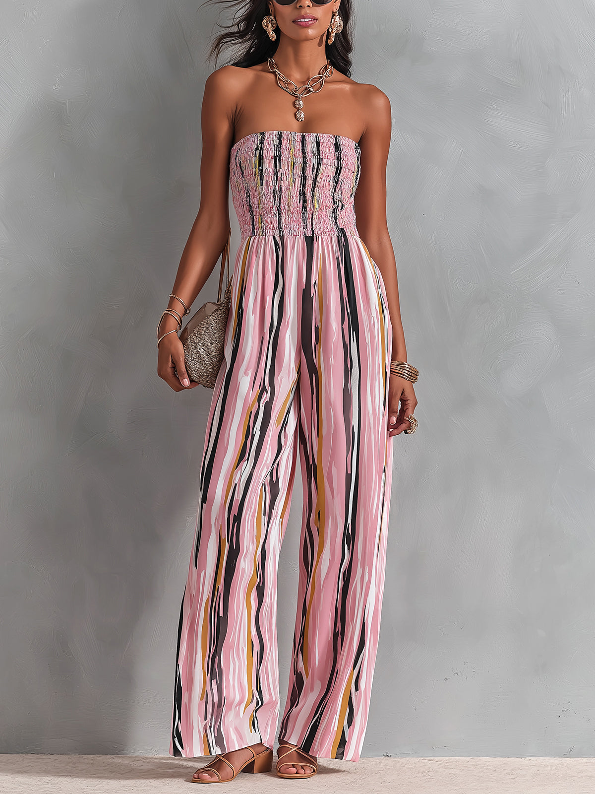 Chic Elegant Pink Stripes Chiffon Shirring Detail Strapless Square-Neck Sleeveless Straight-Leg Jumpsuit