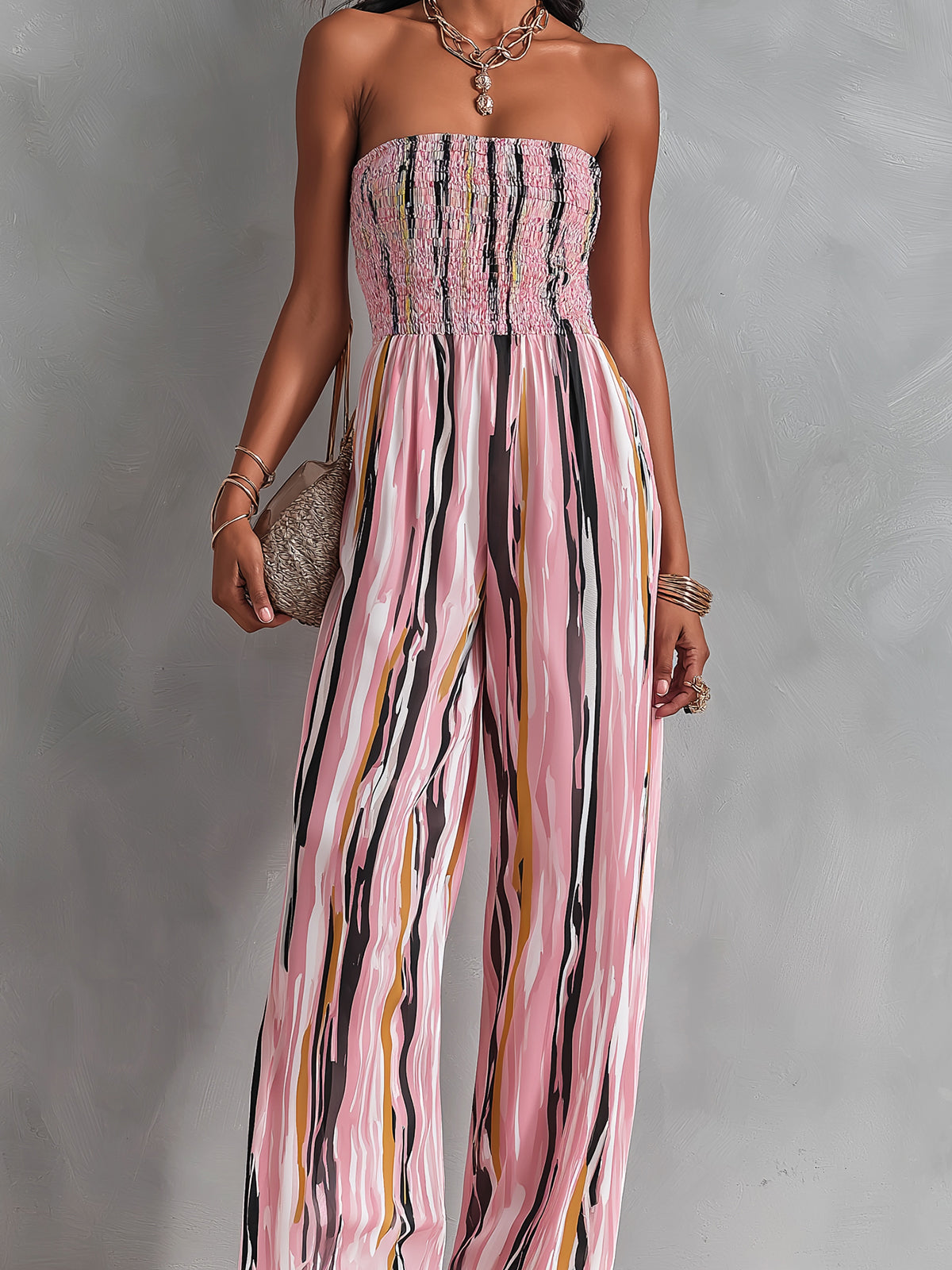 Chic Elegant Pink Stripes Chiffon Shirring Detail Strapless Square-Neck Sleeveless Straight-Leg Jumpsuit
