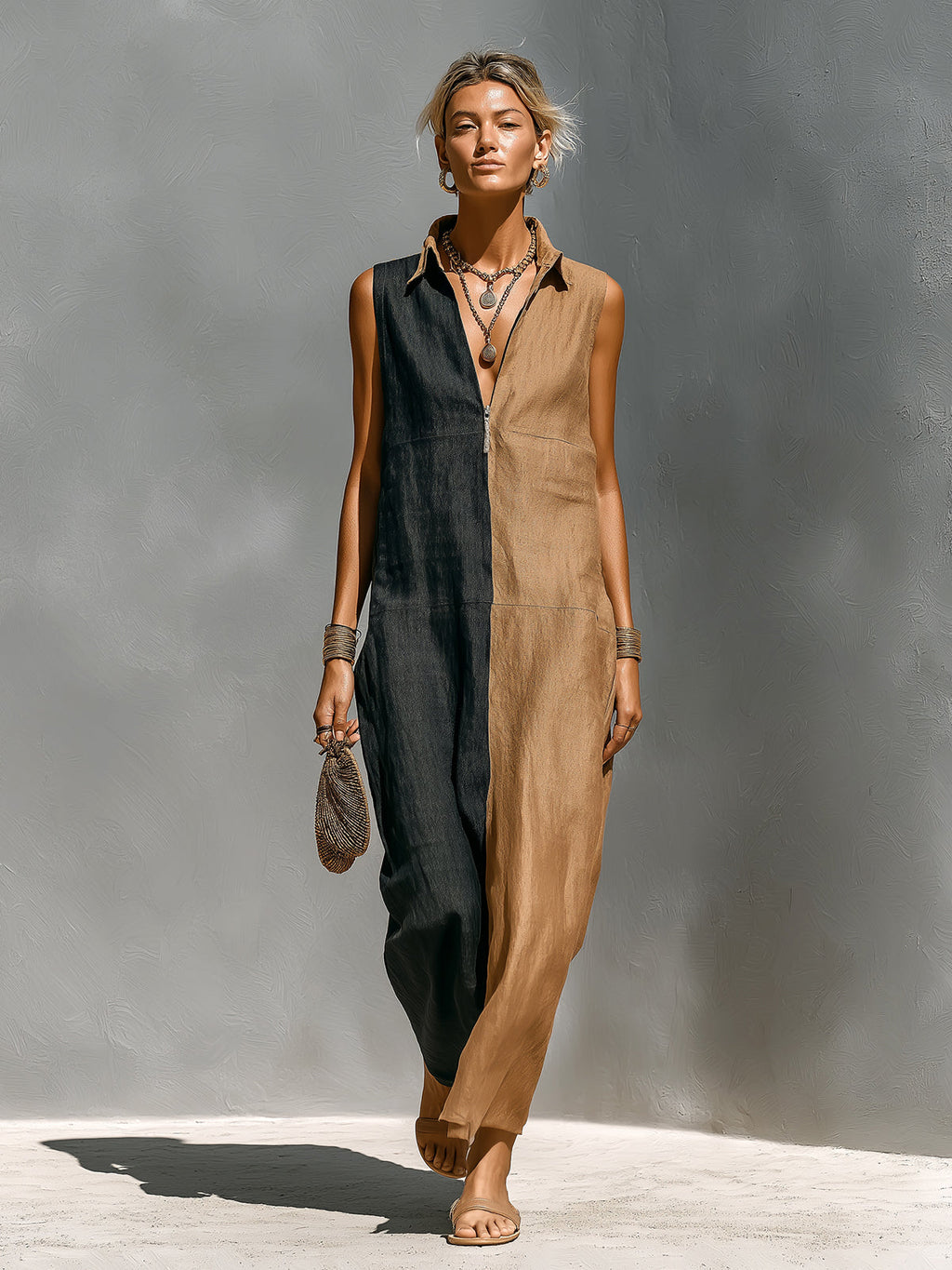 Chic Elegant Camel-Black Colorblock Cotton-Linen Blend Zipper-Up Lapel Collar Sleeveless Loose-Fit Maxi Dress