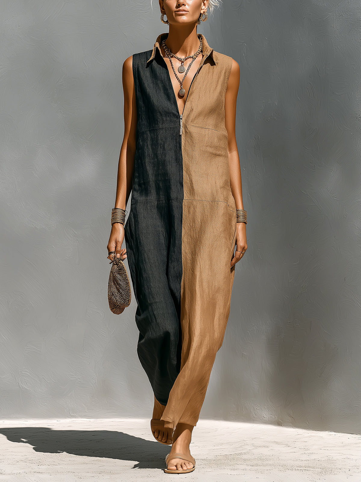 Chic Elegant Camel-Black Colorblock Cotton-Linen Blend Zipper-Up Lapel Collar Sleeveless Loose-Fit Maxi Dress