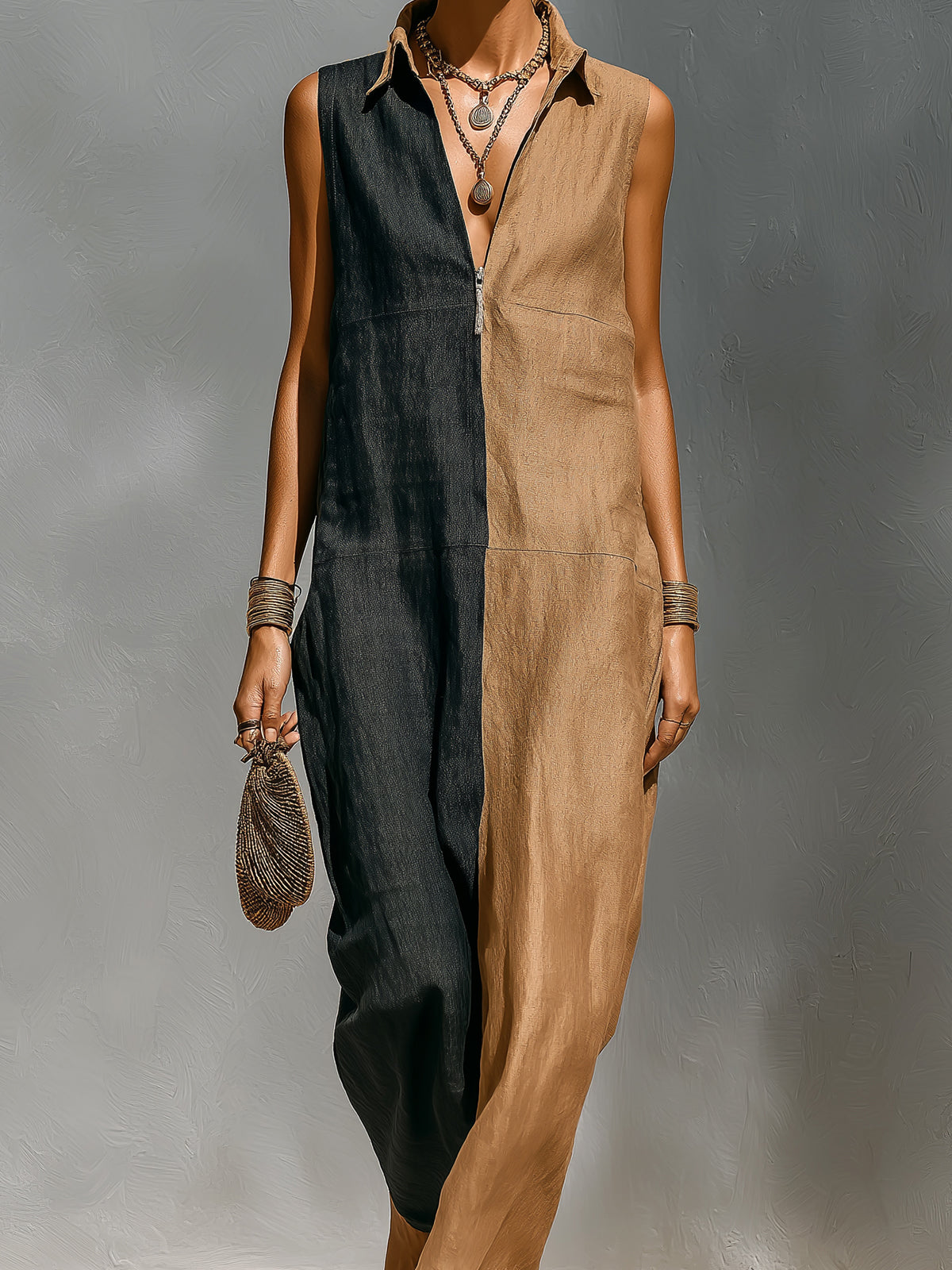 Chic Elegant Camel-Black Colorblock Cotton-Linen Blend Zipper-Up Lapel Collar Sleeveless Loose-Fit Maxi Dress