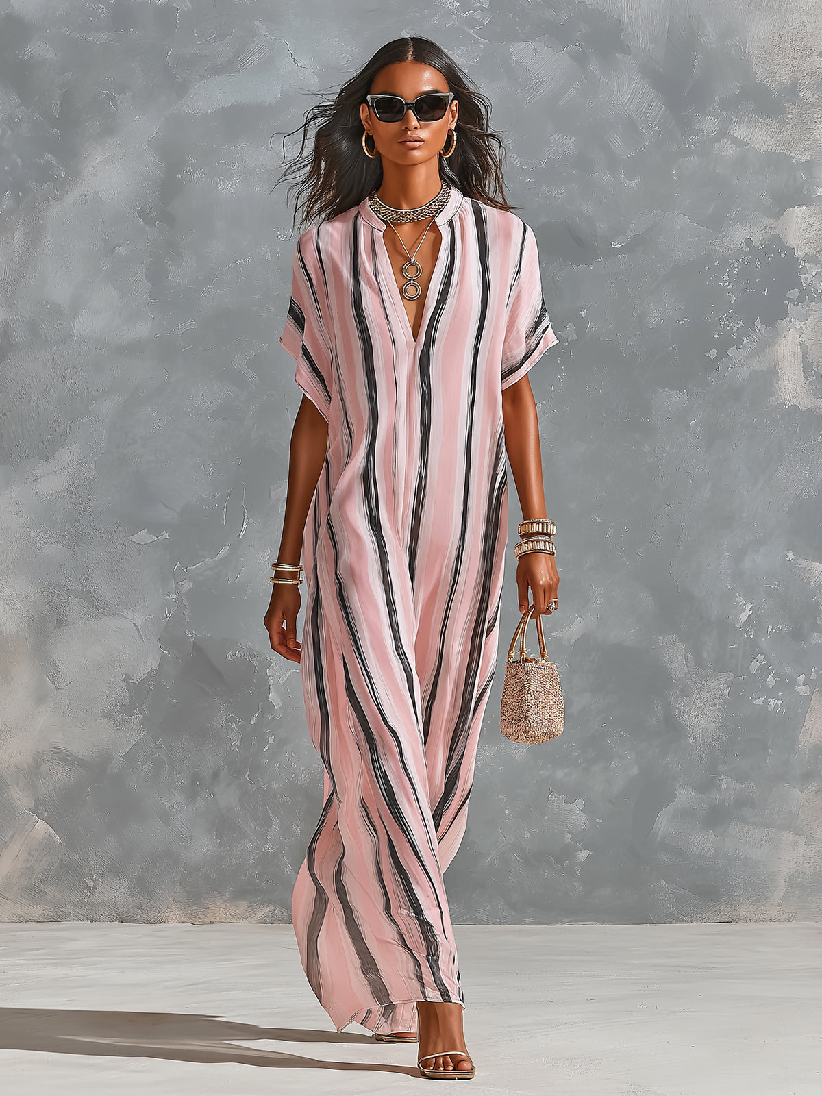Chic Elegant Pink-Black Stripes Chiffon V-Neck Short-Sleeve Loose-Fit Maxi Dress