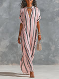 Chic Elegant Pink-Black Stripes Chiffon V-Neck Short-Sleeve Loose-Fit Maxi Dress
