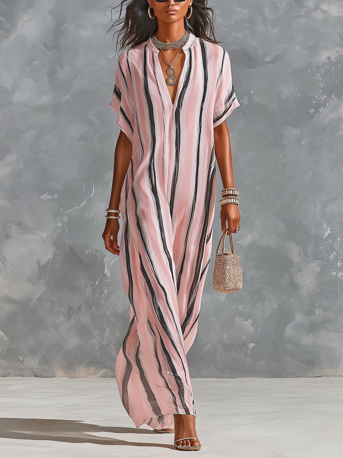 Chic Elegant Pink-Black Stripes Chiffon V-Neck Short-Sleeve Loose-Fit Maxi Dress