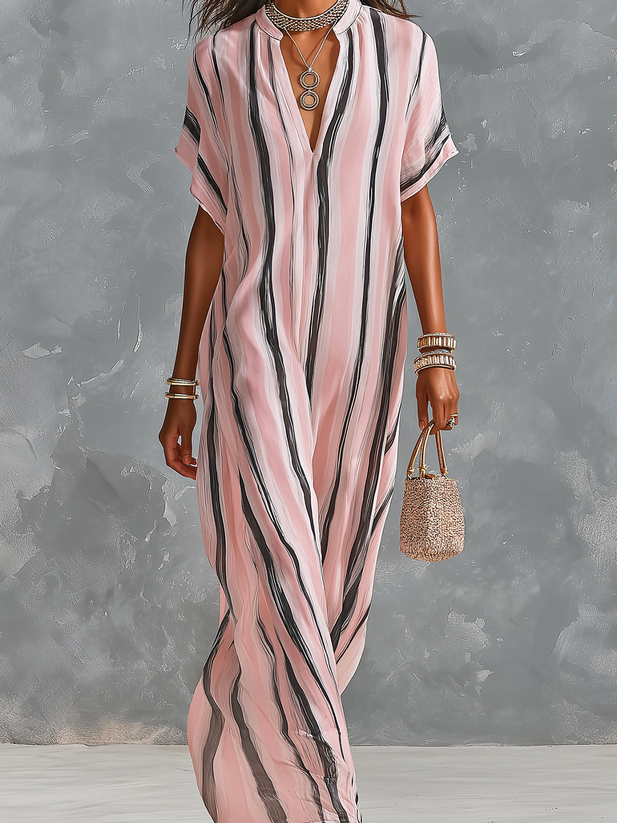 Chic Elegant Pink-Black Stripes Chiffon V-Neck Short-Sleeve Loose-Fit Maxi Dress