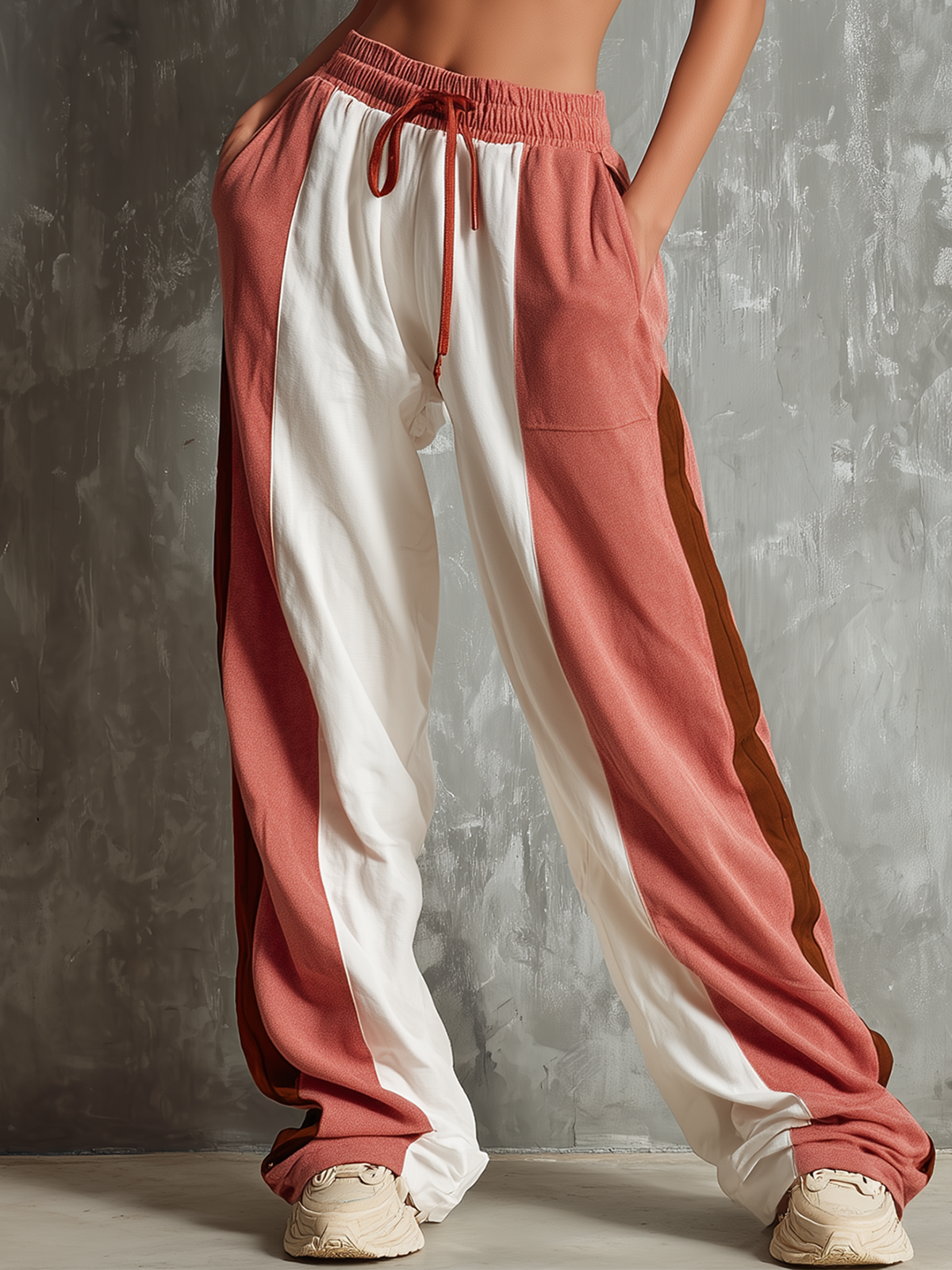 Chic Elegant White-Pink Colorblock Elastic Waist French Terry Wide-Leg Pants