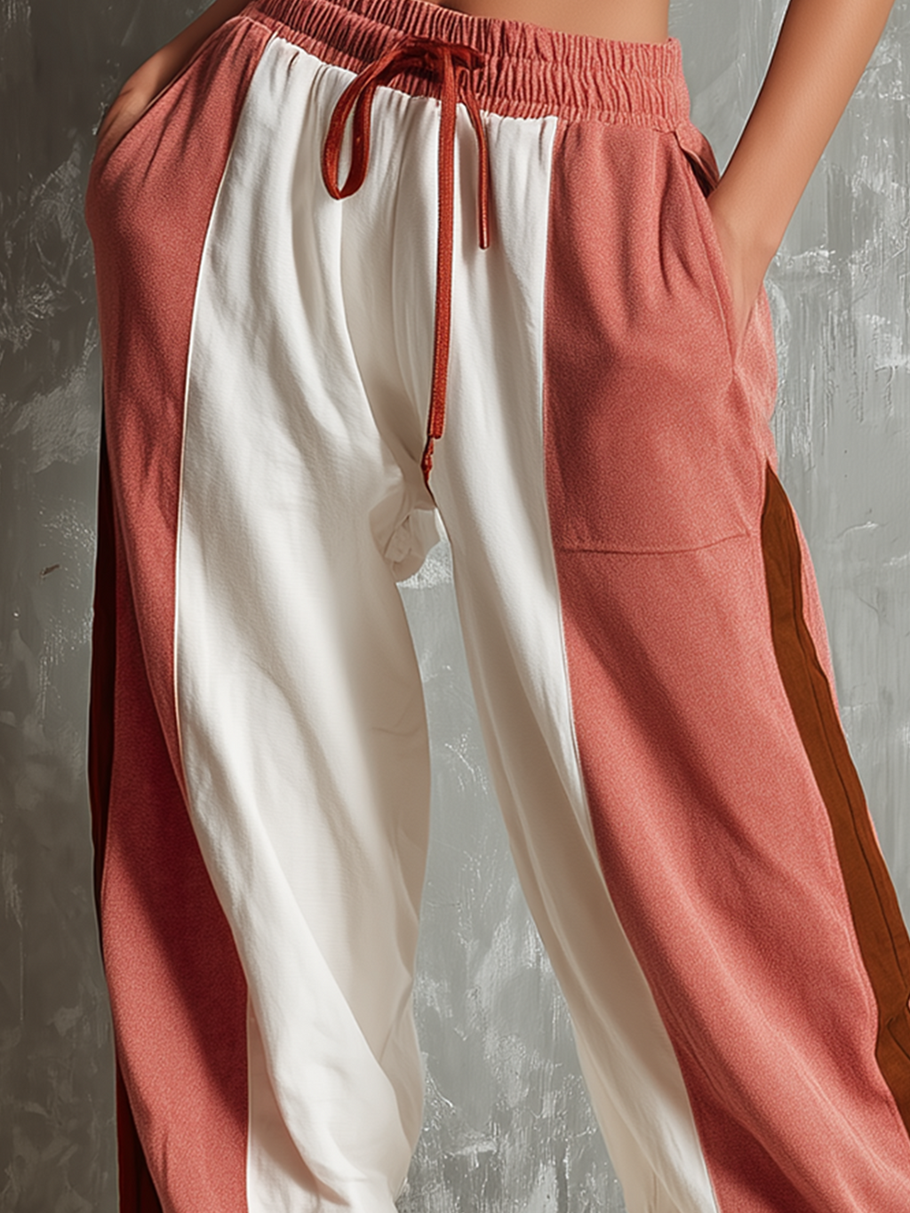 Chic Elegant White-Pink Colorblock Elastic Waist French Terry Wide-Leg Pants