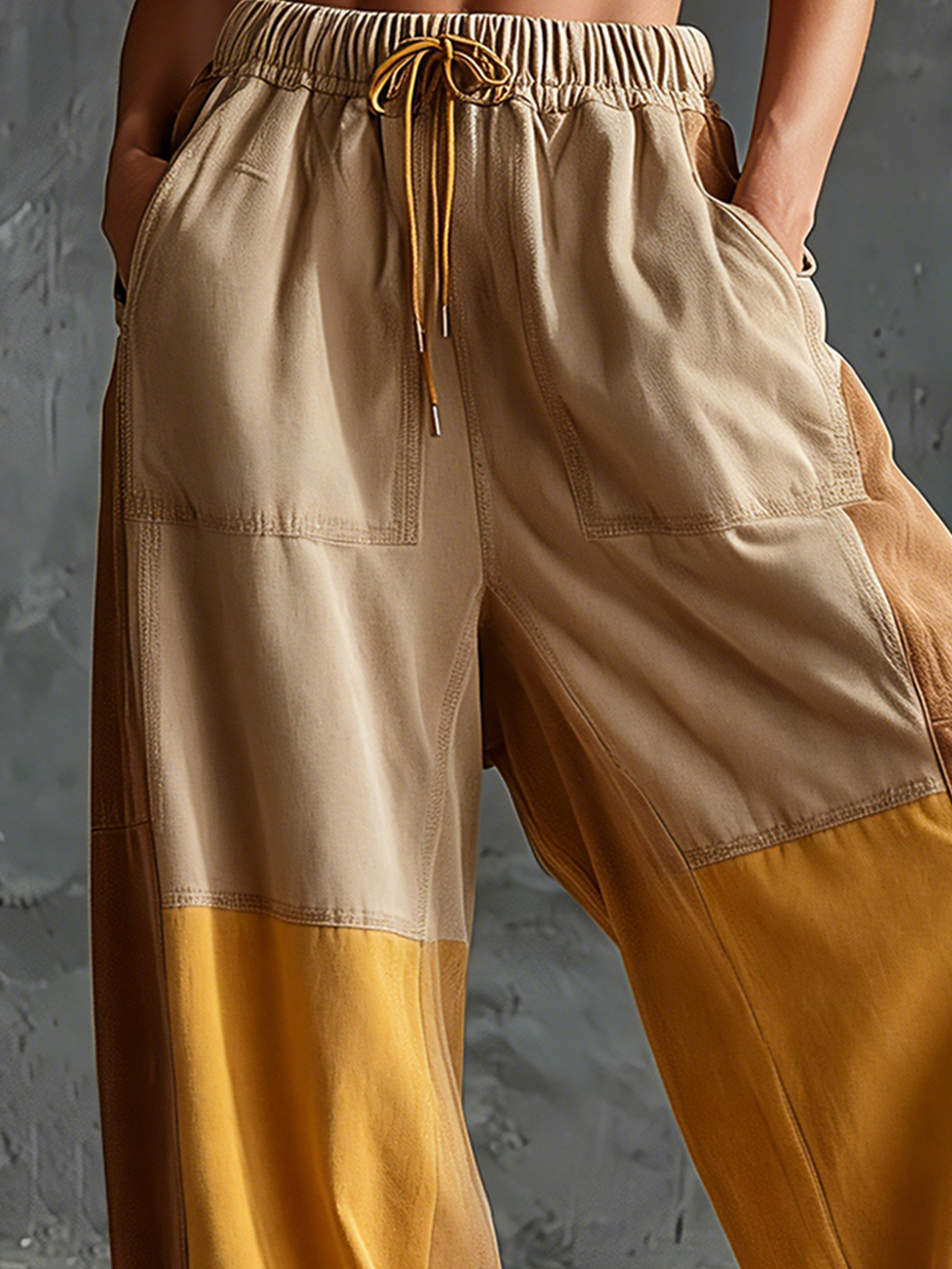Chic Elegant Beige- Mustard Yellow-Camel Colorblock Elastic Waist Cotton Blend Wide-Leg Pants