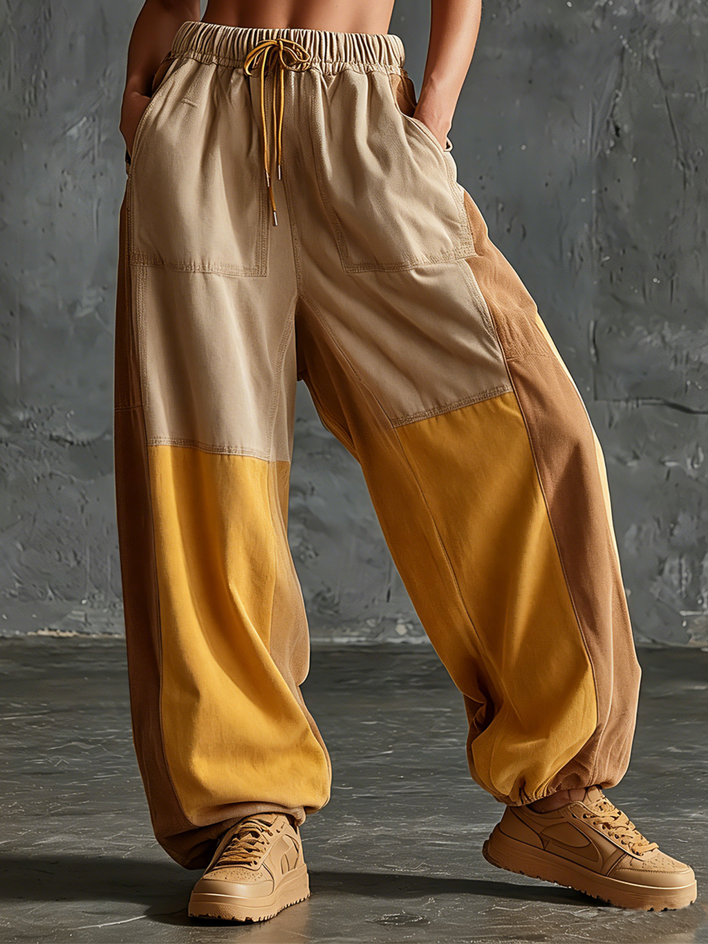 Chic Elegant Beige- Mustard Yellow-Camel Colorblock Elastic Waist Cotton Blend Wide-Leg Pants