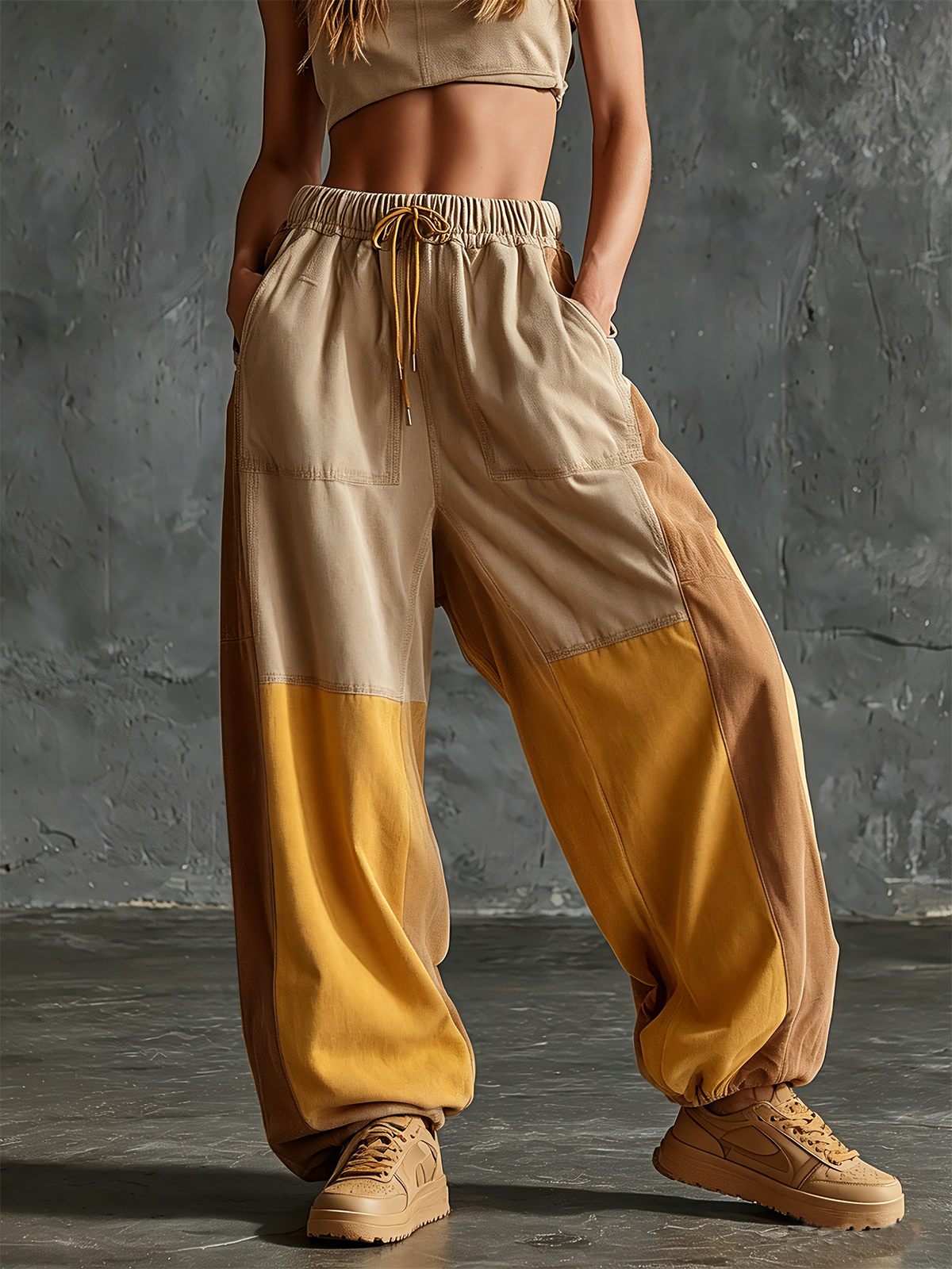 Chic Elegant Beige- Mustard Yellow-Camel Colorblock Elastic Waist Cotton Blend Wide-Leg Pants