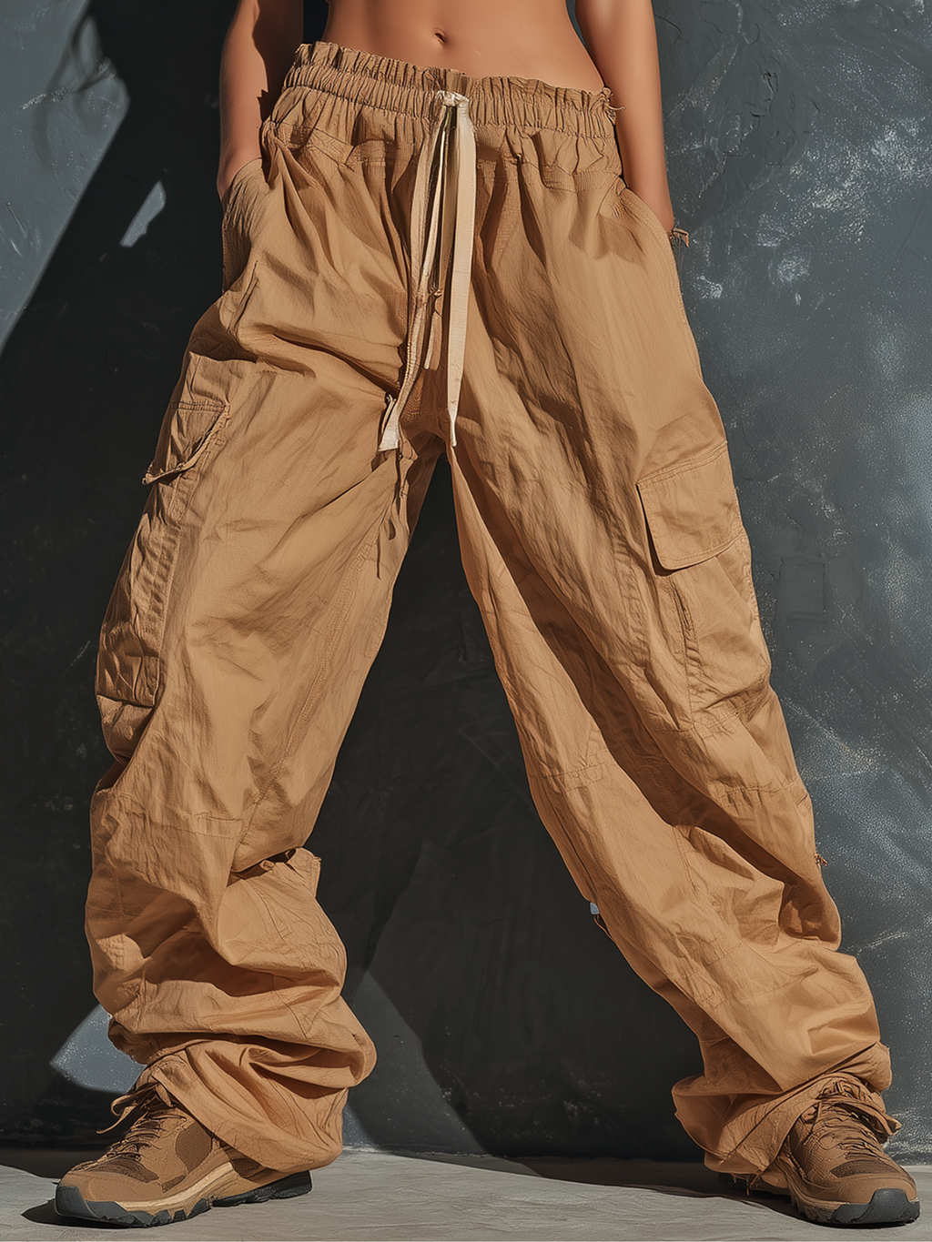 Chic Elegant Camel High Waist Drawstring Patch Pocket Crinkled Nylon Cargo Wide-Leg Pants