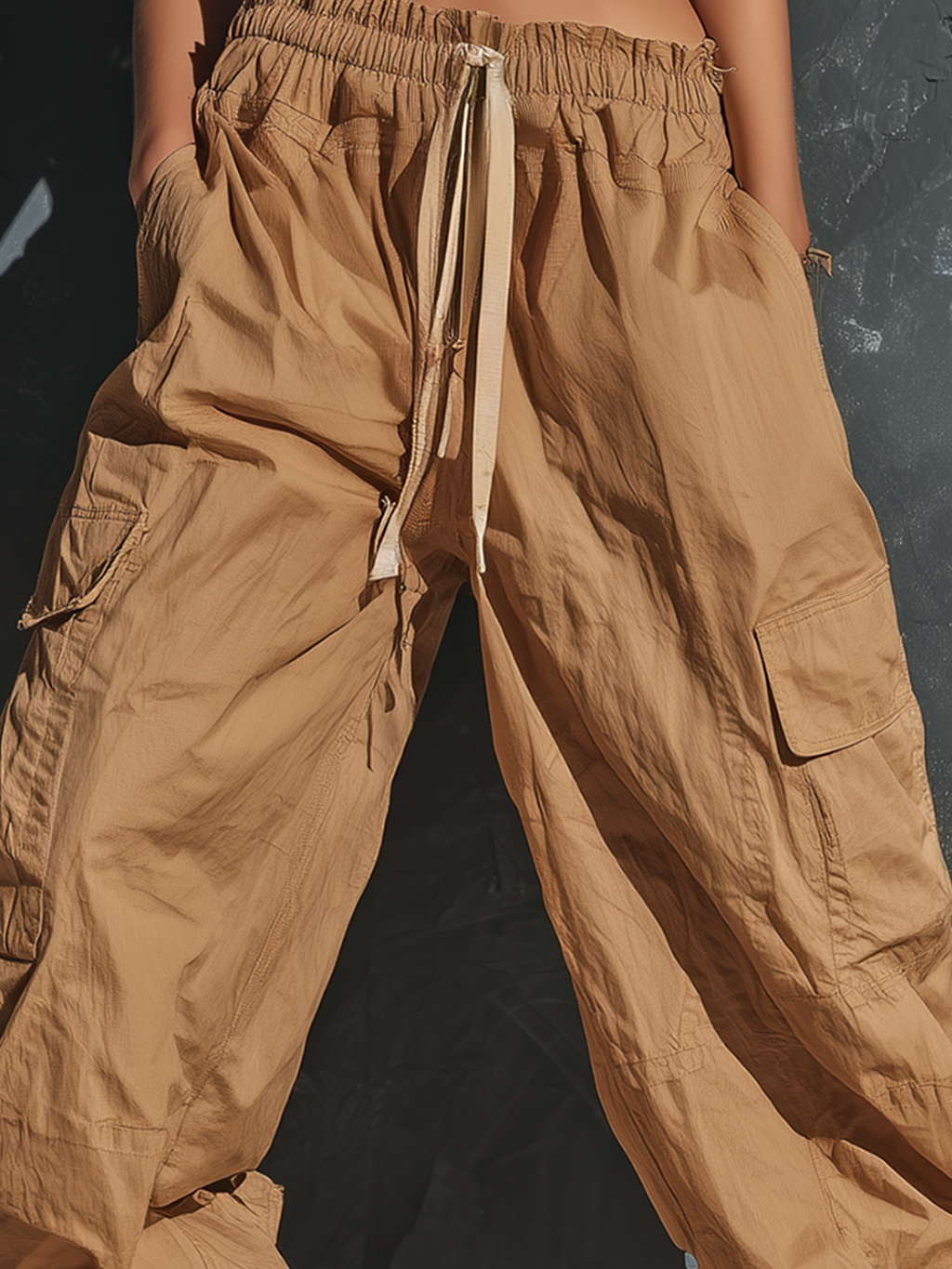 Chic Elegant Camel High Waist Drawstring Patch Pocket Crinkled Nylon Cargo Wide-Leg Pants