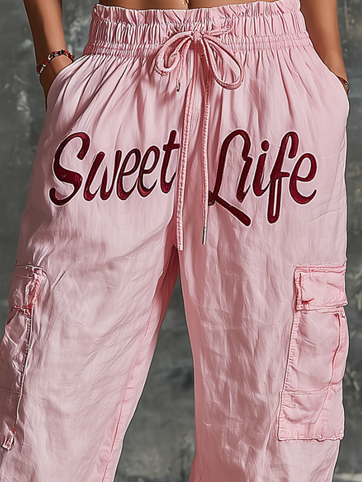 Chic Elegant Pink Letter Print High Waist Drawstring Patch Pocket Cotton Blend Wide-Leg Pants