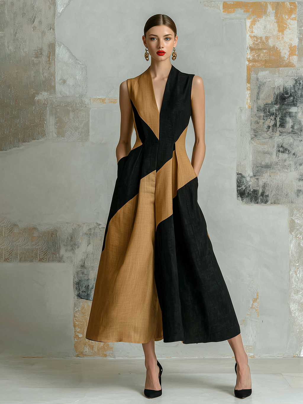 Chic Elegant Black-Camel Colorblock V-Neck Sleeveless A-line Cotton-Linen Blend Midi Dress