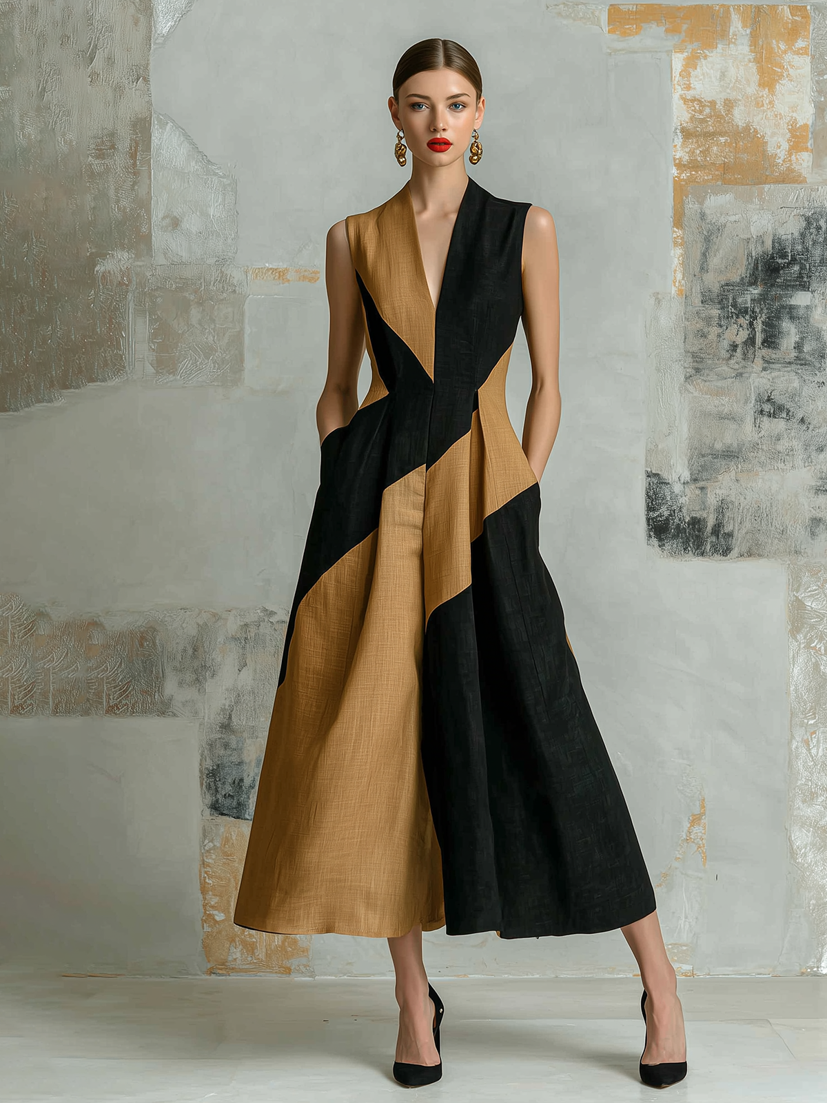 Chic Elegant Black-Camel Colorblock V-Neck Sleeveless A-line Cotton-Linen Blend Midi Dress