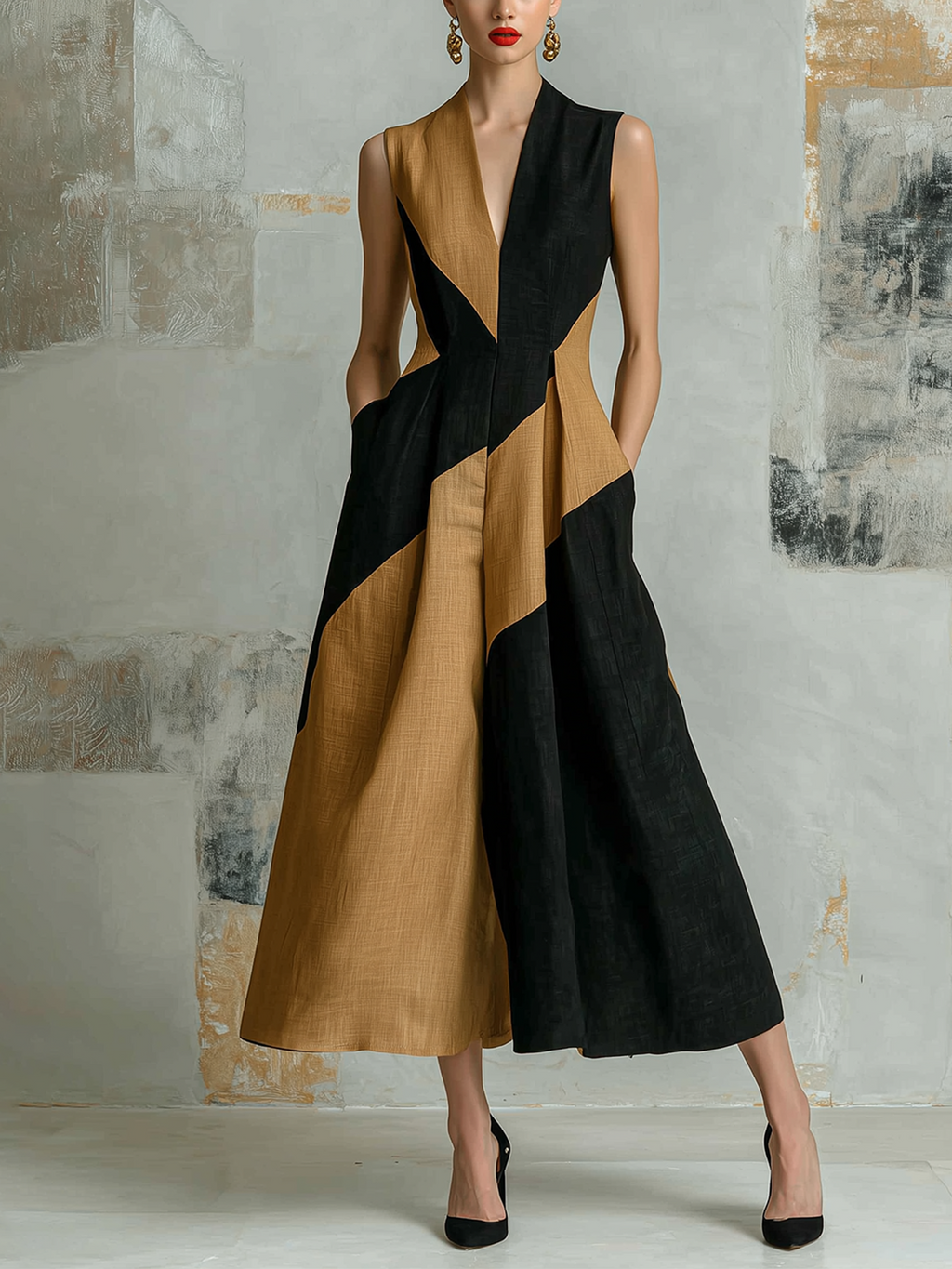 Chic Elegant Black-Camel Colorblock V-Neck Sleeveless A-line Cotton-Linen Blend Midi Dress