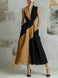 Chic Elegant Black-Camel Colorblock V-Neck Sleeveless A-line Cotton-Linen Blend Midi Dress