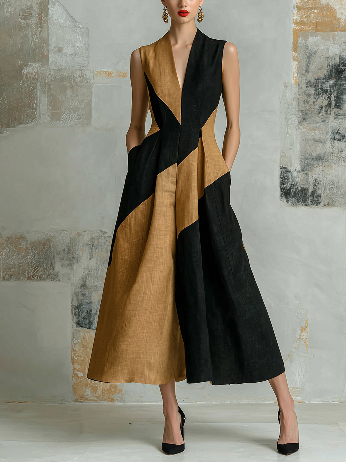 Chic Elegant Black-Camel Colorblock V-Neck Sleeveless A-line Cotton-Linen Blend Midi Dress