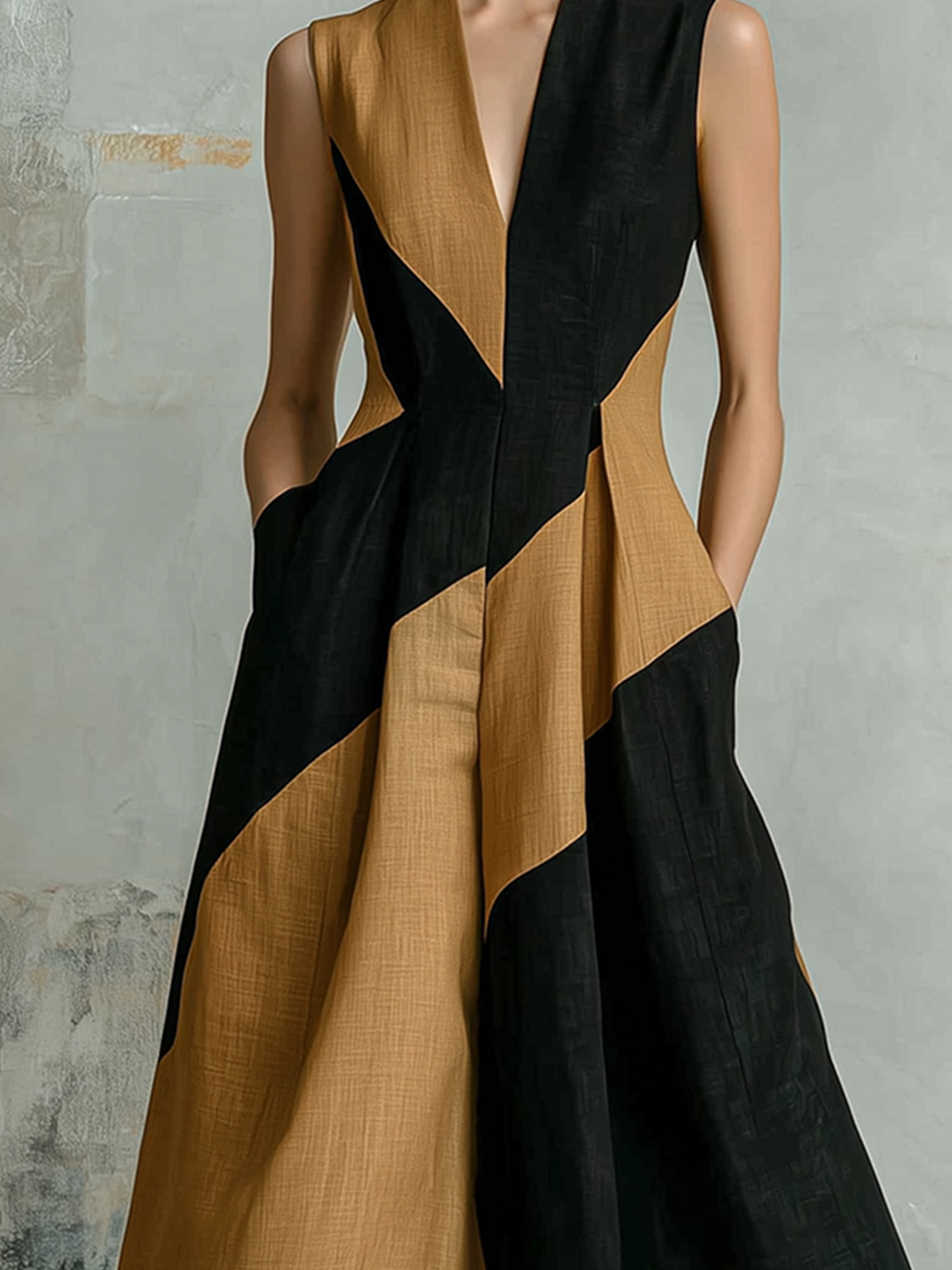 Chic Elegant Black-Camel Colorblock V-Neck Sleeveless A-line Cotton-Linen Blend Midi Dress