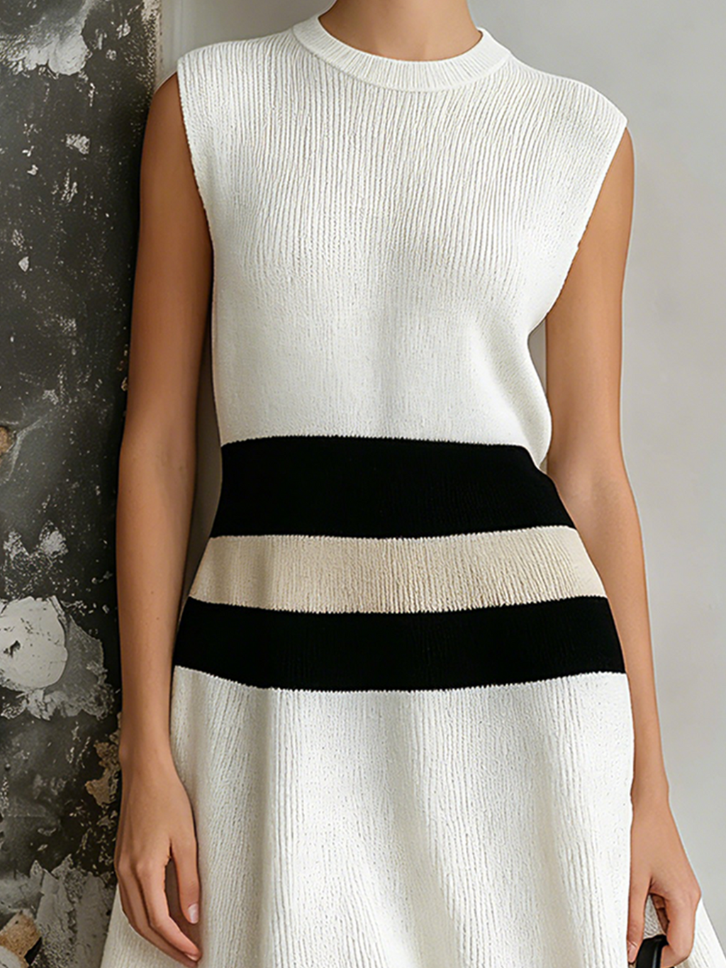 Chic Elegant White Round Neck Contrast Trim Sleeveless A-line Loose-Fit Knit Midi Dress