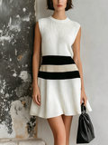 Chic Elegant White Round Neck Contrast Trim Sleeveless A-line Loose-Fit Knit Midi Dress