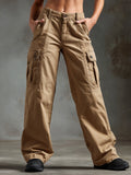 Chic Casual Camel Cotton Washed Multi-Pocket Loose-Fit Wide-Leg Cargo Pants