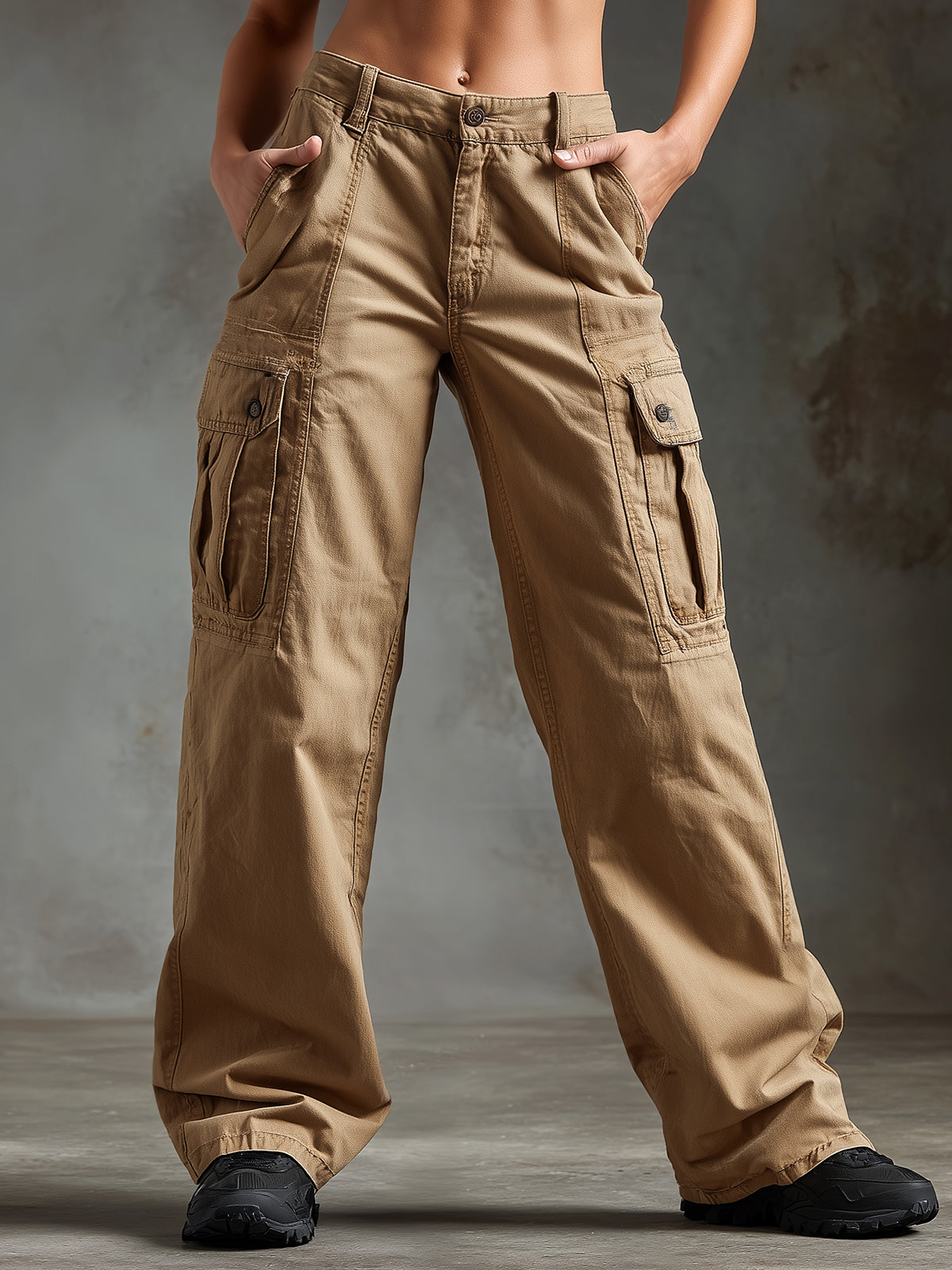Chic Casual Camel Cotton Washed Multi-Pocket Loose-Fit Wide-Leg Cargo Pants
