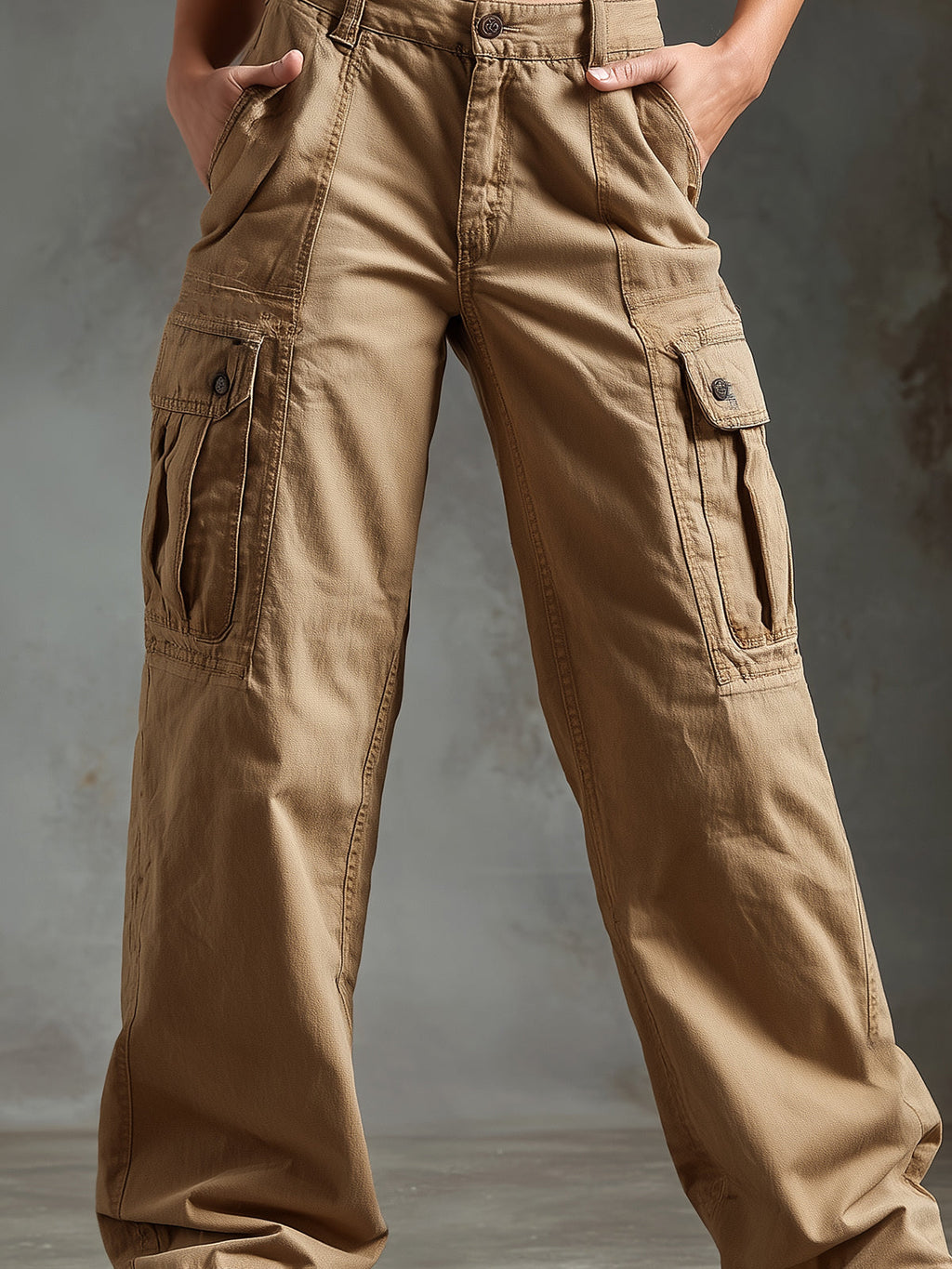 Chic Casual Camel Cotton Washed Multi-Pocket Loose-Fit Wide-Leg Cargo Pants