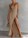 Chic Elegant Camel Stripes Patchwork Spaghetti Straps Square-Neck Side-Slit Detail Knit Maxi Dress