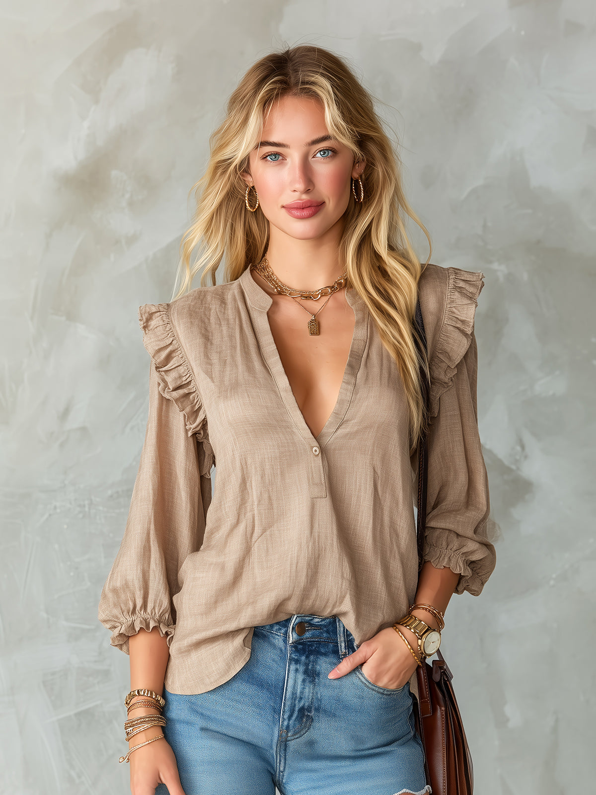 Chic Elegant Camel Cotton-Linen Blend V-Neck Ruffle Detail Lantern-Sleeve Loose-Fit Shirt