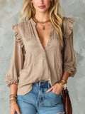 Chic Elegant Camel Cotton-Linen Blend V-Neck Ruffle Detail Lantern-Sleeve Loose-Fit Shirt