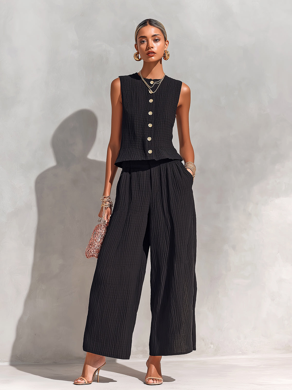 Chic Elegant Black Textured Cotton Blend Round-Neck Sleeveless Single-Breasted Loose-Fit Vest Wide-Leg Pants Two-Piece Set