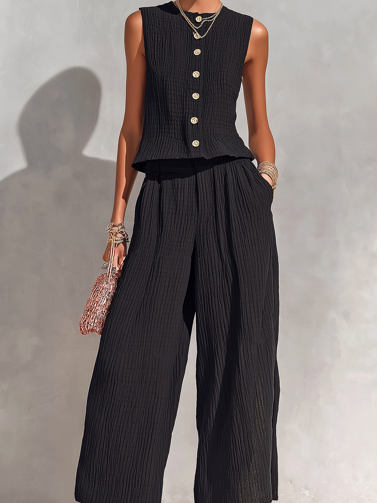 Chic Elegant Black Textured Cotton Blend Round-Neck Sleeveless Single-Breasted Loose-Fit Vest Wide-Leg Pants Two-Piece Set