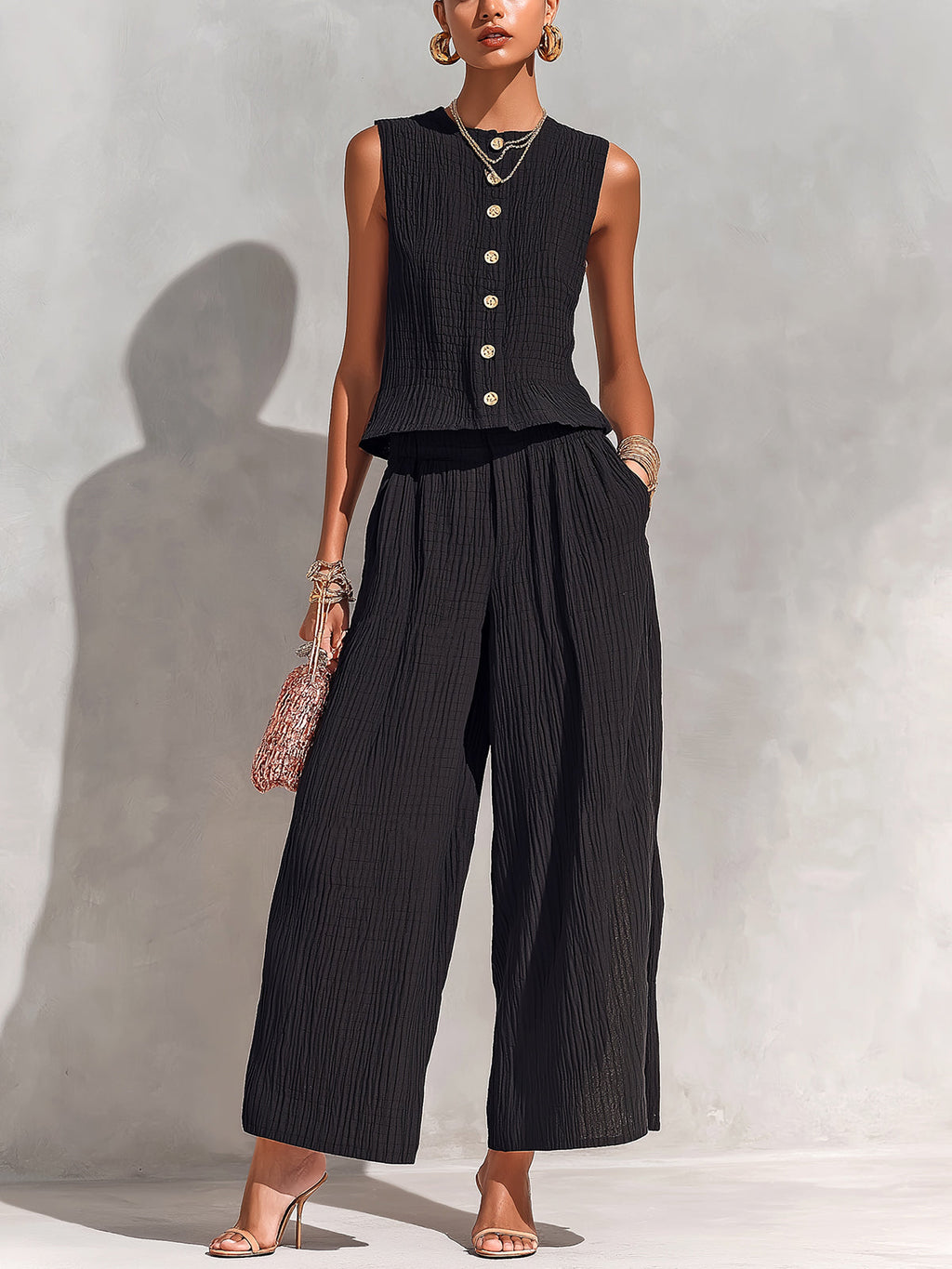 Chic Elegant Black Textured Cotton Blend Round-Neck Sleeveless Single-Breasted Loose-Fit Vest Wide-Leg Pants Two-Piece Set