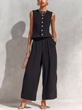 Chic Elegant Black Textured Cotton Blend Round-Neck Sleeveless Single-Breasted Loose-Fit Vest Wide-Leg Pants Two-Piece Set