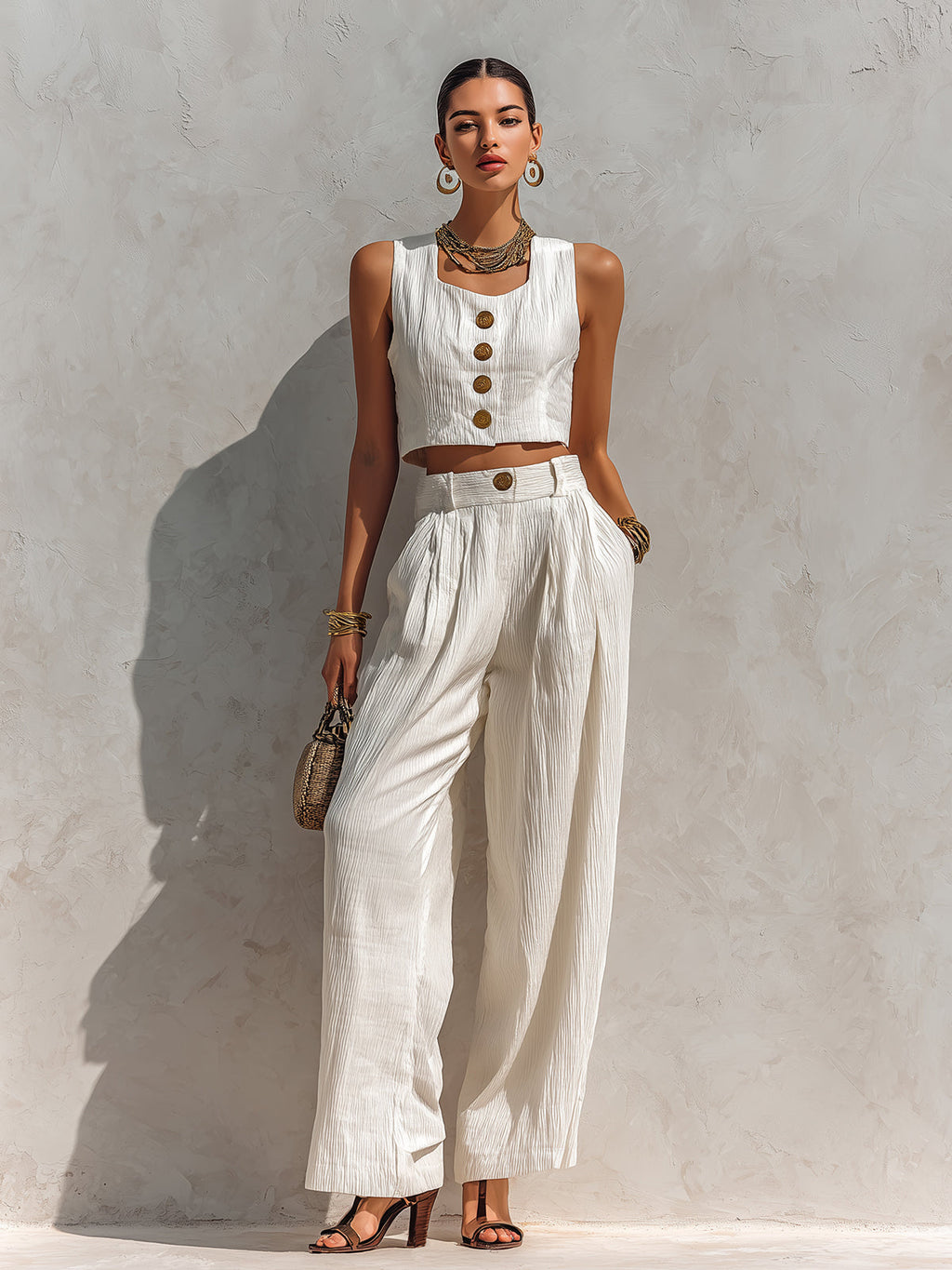 Chic Elegant White Pleated Cotton Blend Square-Neck Sleeveless Single-Breasted Cropped Vest Wide-Leg Pants Two-Piece Set