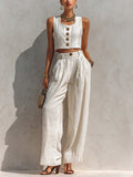 Chic Elegant White Pleated Cotton Blend Square-Neck Sleeveless Single-Breasted Cropped Vest Wide-Leg Pants Two-Piece Set