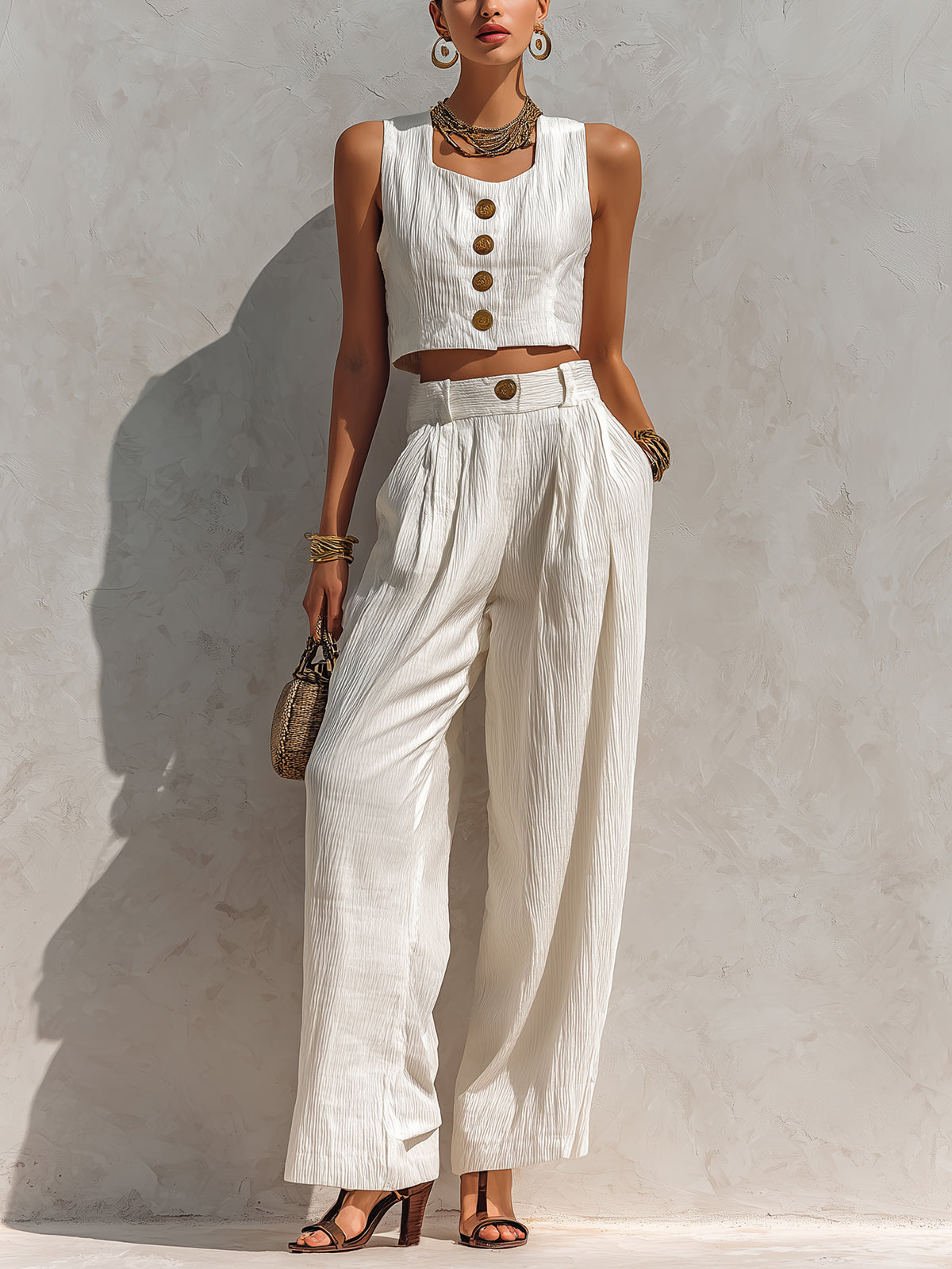 Chic Elegant White Pleated Cotton Blend Square-Neck Sleeveless Single-Breasted Cropped Vest Wide-Leg Pants Two-Piece Set