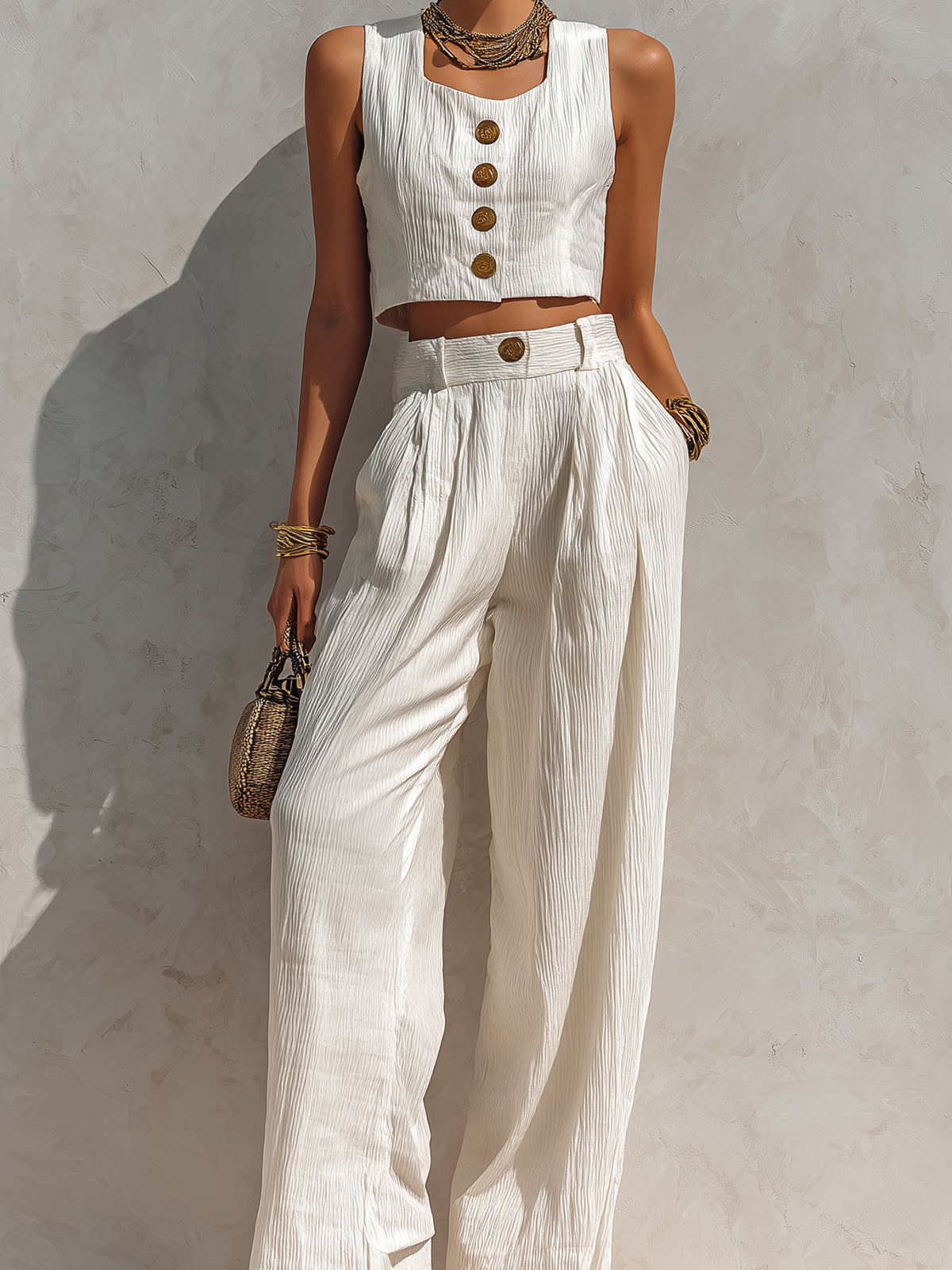 Chic Elegant White Pleated Cotton Blend Square-Neck Sleeveless Single-Breasted Cropped Vest Wide-Leg Pants Two-Piece Set