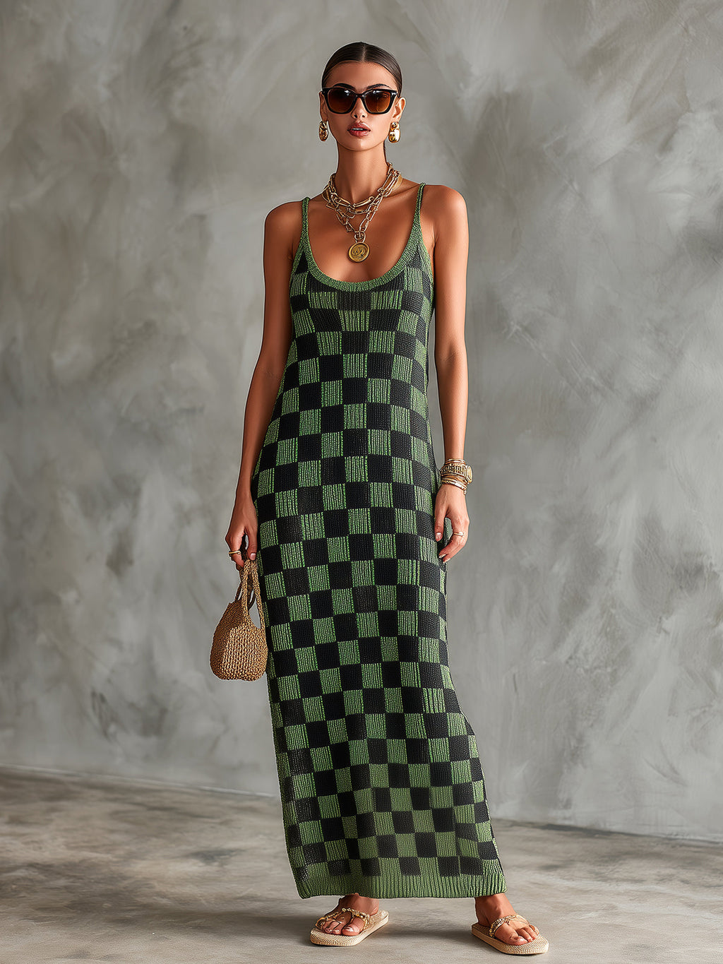 Chic Elegant Green-Black Checkerboard Pattern Spaghetti Straps U-Neck Sleeveless Slim-Fit Knit Maxi Dress
