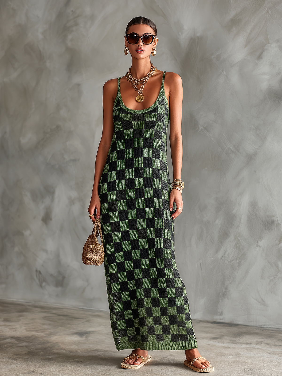 Chic Elegant Green-Black Checkerboard Pattern Spaghetti Straps U-Neck Sleeveless Slim-Fit Knit Maxi Dress
