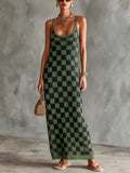 Chic Elegant Green-Black Checkerboard Pattern Spaghetti Straps U-Neck Sleeveless Slim-Fit Knit Maxi Dress