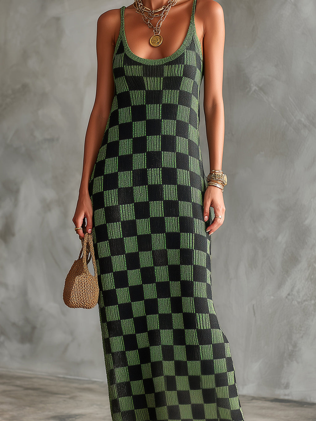 Chic Elegant Green-Black Checkerboard Pattern Spaghetti Straps U-Neck Sleeveless Slim-Fit Knit Maxi Dress