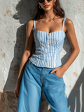 Chic Elegant Blue-White Stripes Spaghetti Straps Sweetheart Neck Button-Front Sleeveless Slim-Fit Cotton-Linen Blend Tank Top
