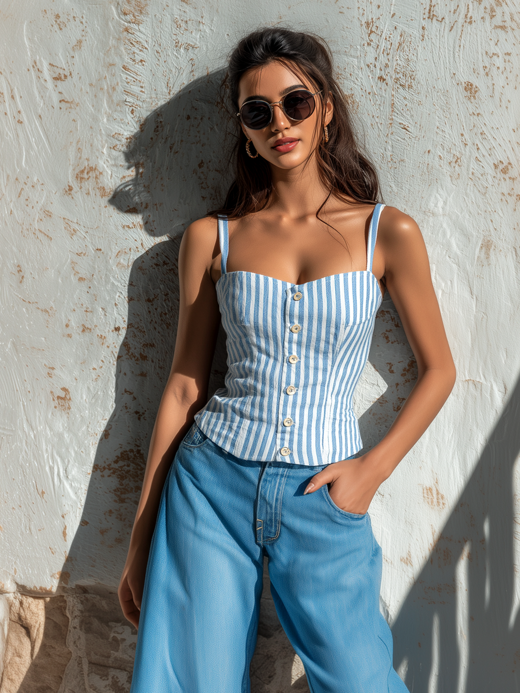 Chic Elegant Blue-White Stripes Spaghetti Straps Sweetheart Neck Button-Front Sleeveless Slim-Fit Cotton-Linen Blend Tank Top