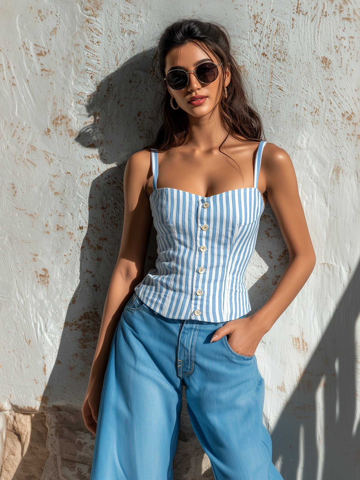 Chic Elegant Blue-White Stripes Spaghetti Straps Sweetheart Neck Button-Front Sleeveless Slim-Fit Cotton-Linen Blend Tank Top