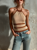 Chic Elegant Camel Halter Neck Contrast Trim Sleeveless Slim-Fit Knit Tank Top