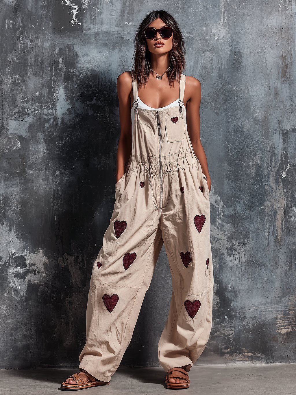 Chic Elegant Beige Adjustable Buckle Straps Heart Embroidery Zipper-Up Patch Pockets Tailored-Waist Loose-Fit Cotton Blend Wide-Leg Jumpsuit
