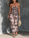 Chic Elegant Pink-Gray Tie-Dye Print Pleated Spaghetti Straps V-Neck Sleeveless Slim-Fit Maxi Dress
